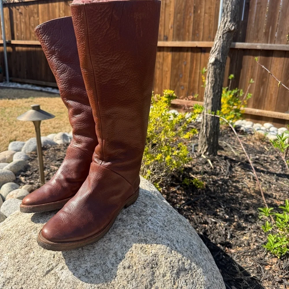 Diane von Furstenberg Womens Leather Knee High Boots Brown Pull On Shearling 8.5